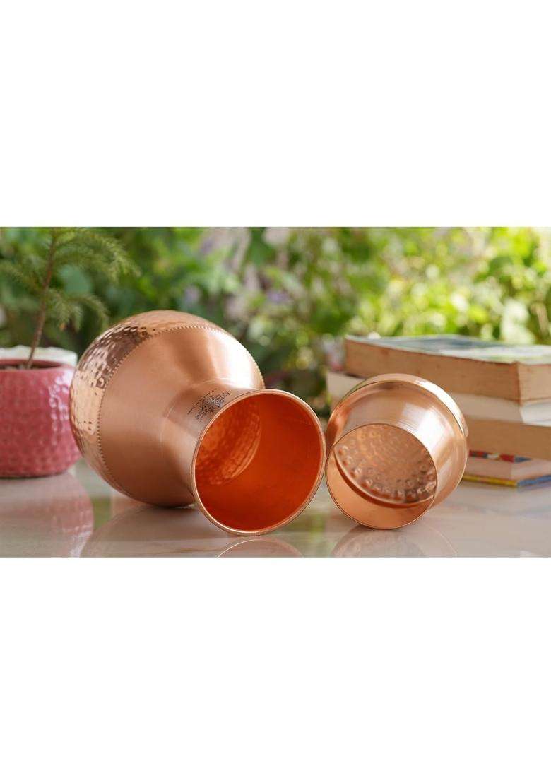 INDIAN ART VILLA Pure Copper Bedroom Water Bottle with Inbuilt Glass | 1200 ml | 40.6 fl oz | Pack of 2 | Hammered Finish - Indya
