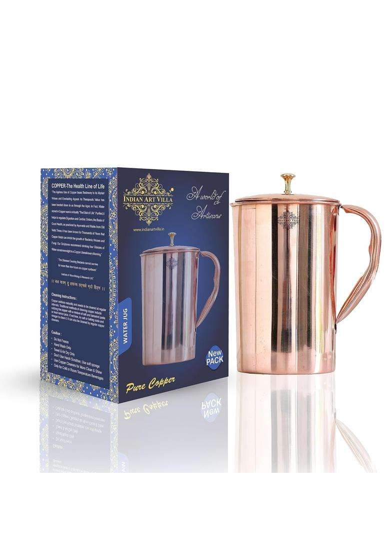 INDIAN ART VILLA Plain Shine Design Copper Jug Pitcher with Brass Knob | 1500 ml | 50.7 fl oz - Indya