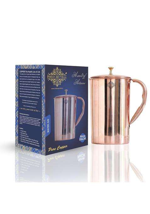 INDIAN ART VILLA Plain Shine Design Copper Jug Pitcher with Brass Knob | 1500 ml | 50.7 fl oz
