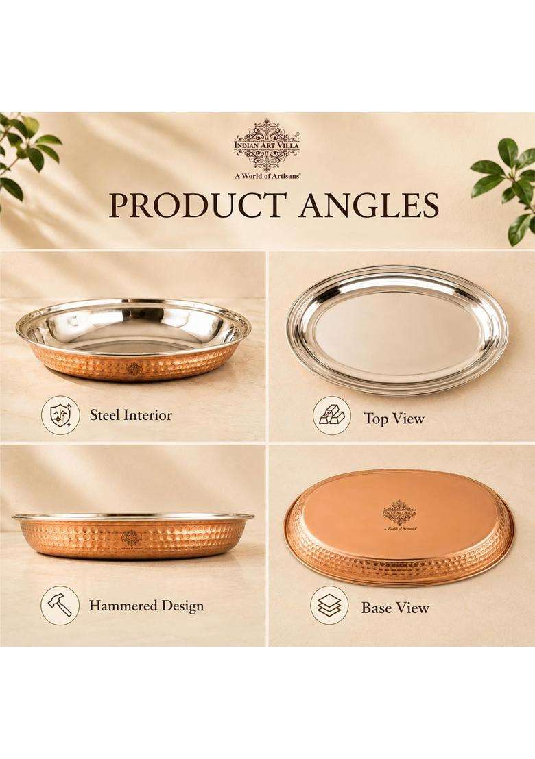 INDIAN ART VILLA Oval Steel Copper Platter Plate | 400 ml | 13.5 fl oz - Indya