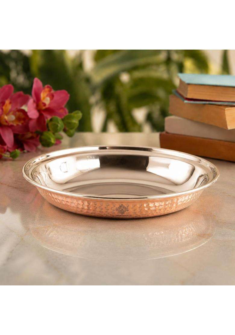 INDIAN ART VILLA Oval Steel Copper Platter Plate | 400 ml | 13.5 fl oz - Indya