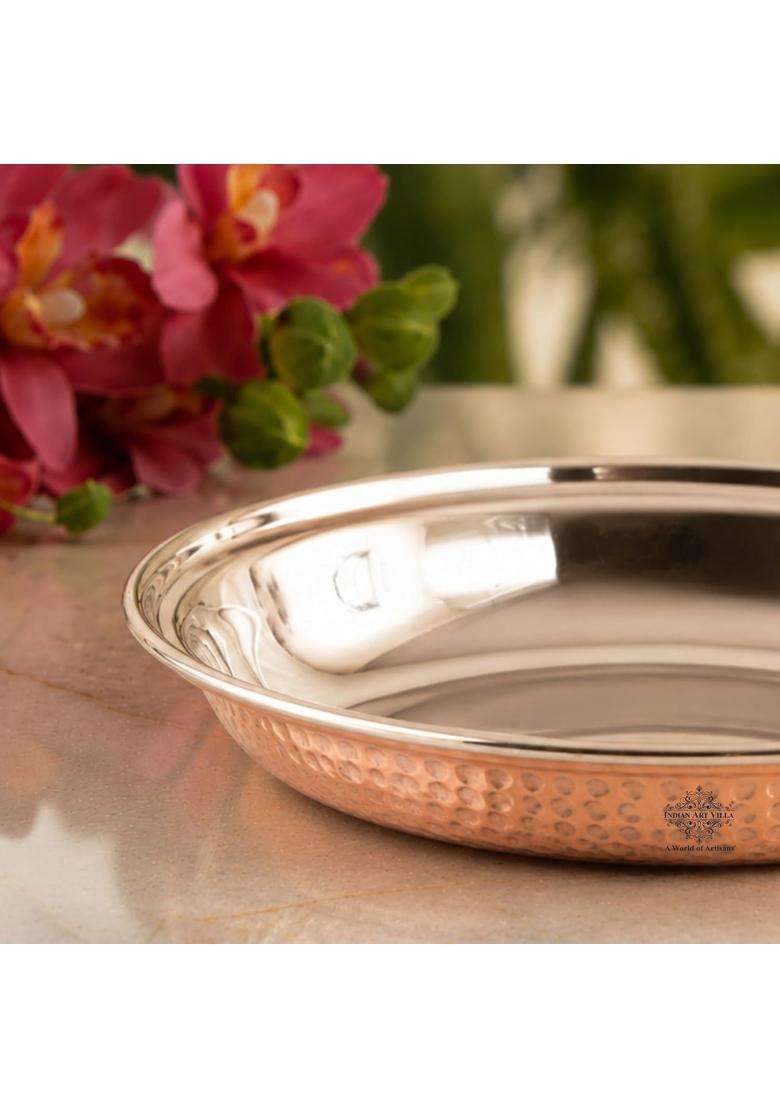 INDIAN ART VILLA Oval Steel Copper Platter Plate | 400 ml | 13.5 fl oz - Indya
