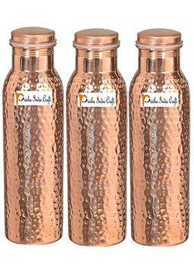 Prisha India Craft Pure Copper Hammered Design Water Bottle | 1000 ml | 33.8 fl oz | 3-Piece Set