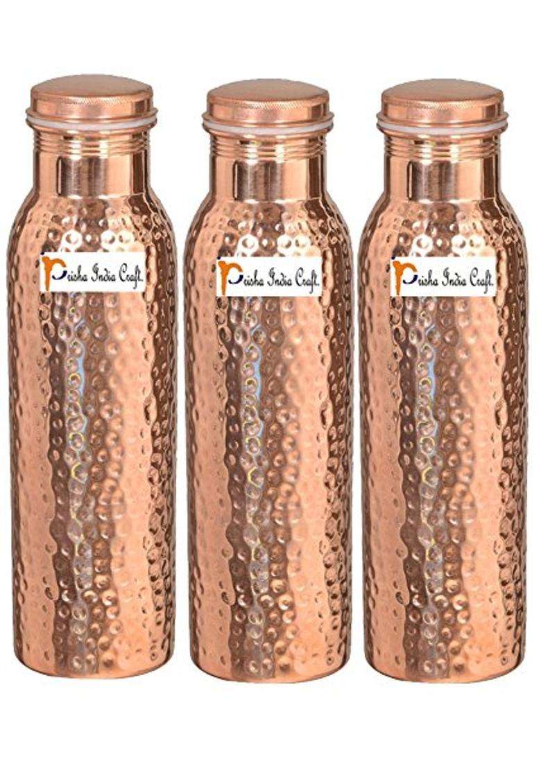 Prisha India Craft Pure Copper Hammered Design Water Bottle | 1000 ml | 33.8 fl oz | 3-Piece Set - Indya