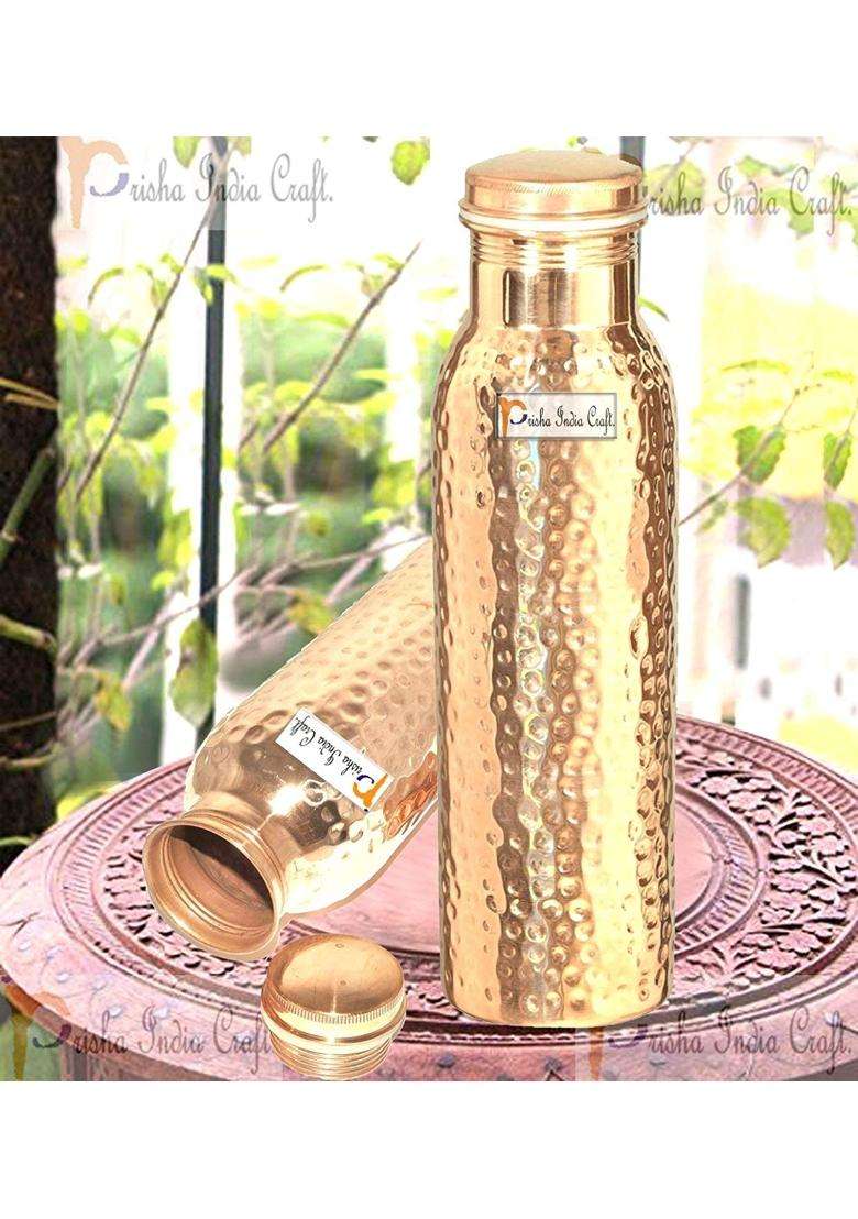 Prisha India Craft Pure Copper Hammered Design Water Bottle | 1000 ml | 33.8 fl oz | 3-Piece Set - Indya