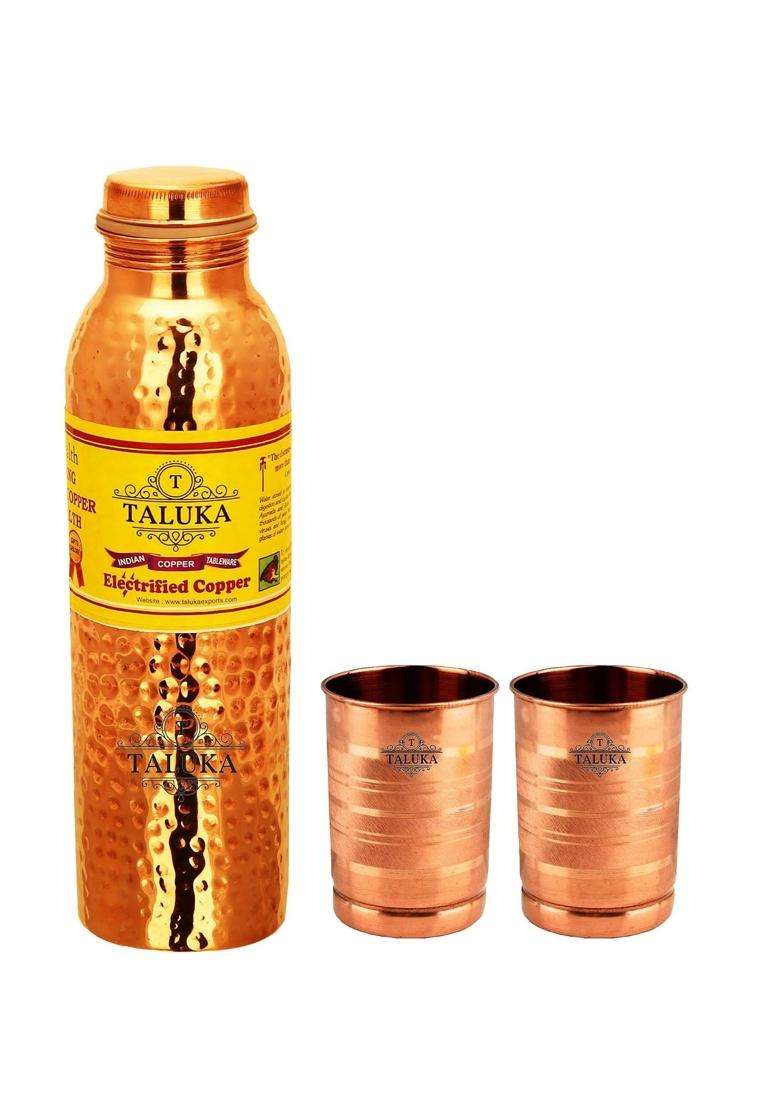 Taluka With T Logo Taluka Handmade Hammer Joint Free Leak Proof Copper Water Bottle Set with 2 | 1000 ml | 33.8 fl oz - Indya