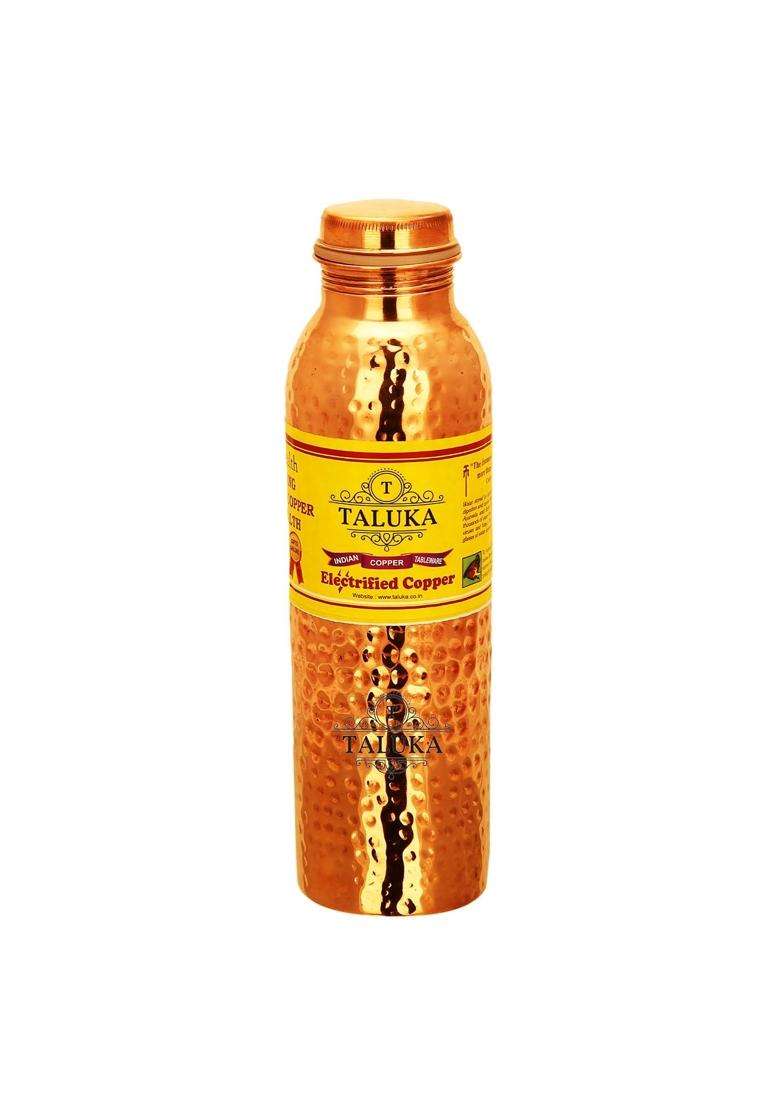 Taluka With T Logo Taluka Handmade Hammer Joint Free Leak Proof Copper Water Bottle Set with 2 | 1000 ml | 33.8 fl oz - Indya
