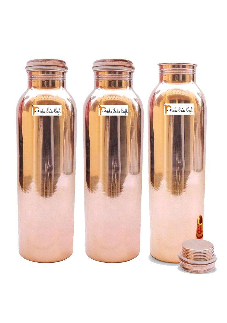 Prisha India Craft Pure Copper Water Bottle | 1000 ml | 33.8 fl oz | 3-Piece Set - Indya