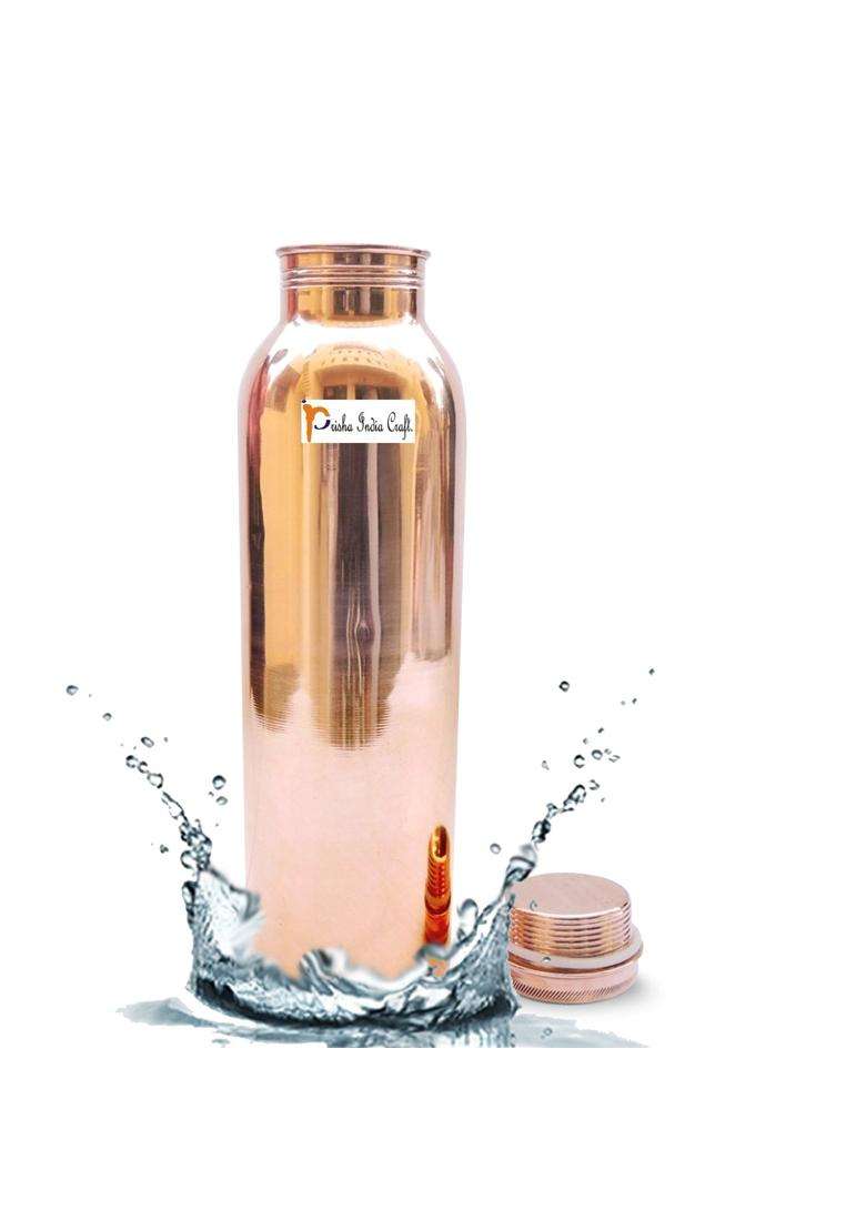 Prisha India Craft Pure Copper Water Bottle | 1000 ml | 33.8 fl oz | 3-Piece Set - Indya