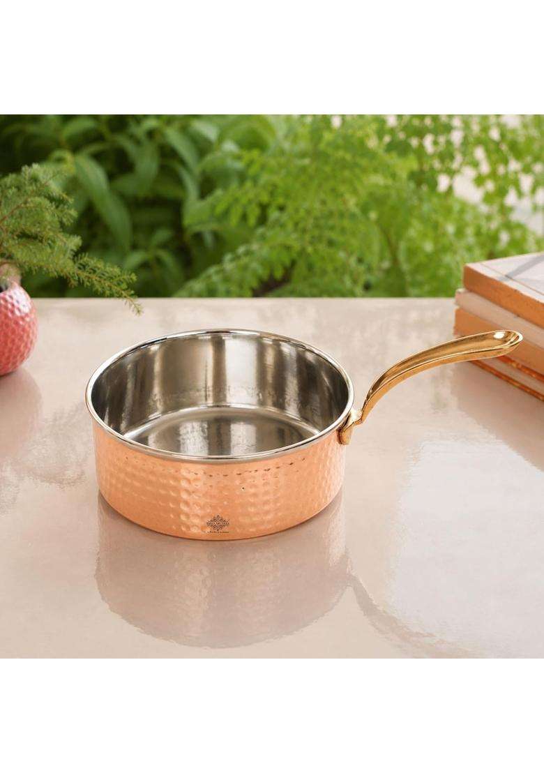 INDIAN ART VILLA Steel Copper Hammered Sauce Pan with Brass Handle | 0.4 L | 0.4 Qt | 4.5 Inch - Indya
