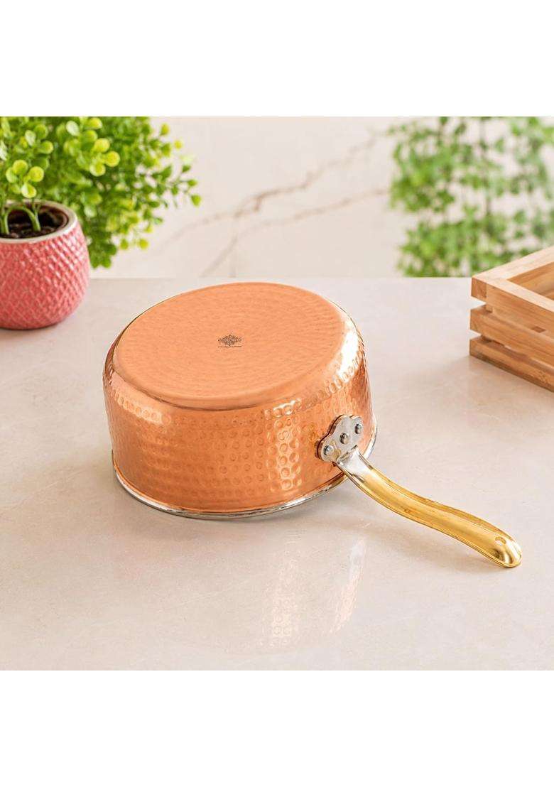 INDIAN ART VILLA Steel Copper Hammered Sauce Pan with Brass Handle | 0.4 L | 0.4 Qt | 4.5 Inch - Indya