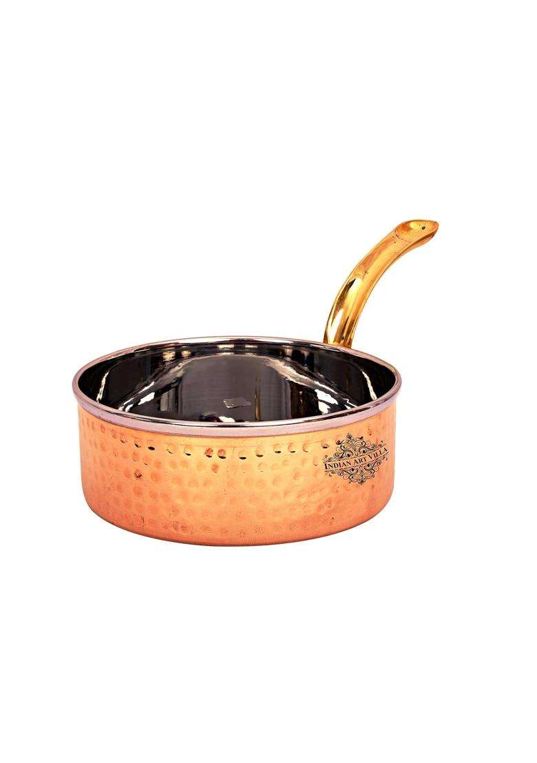 INDIAN ART VILLA Steel Copper Hammered Sauce Pan with Brass Handle | 0.4 L | 0.4 Qt | 4.5 Inch - Indya