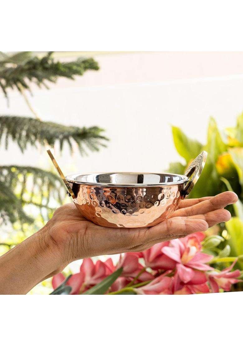 INDIAN ART VILLA Hammered Steel Copper Kadhai Wok Bowl | 200 ml | 6.8 fl oz - Indya
