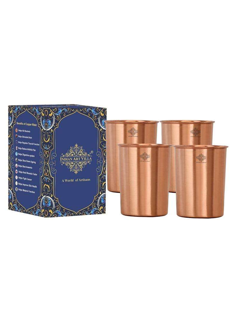 INDIAN ART VILLA Pure Copper Plain Glass with Matt Finish Design | 300 ml | 10.1 fl oz | Pack of 4 - Indya