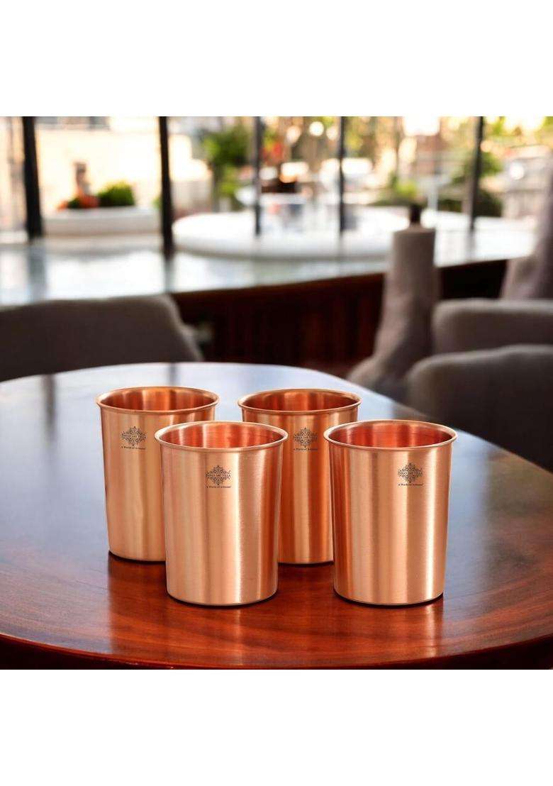 INDIAN ART VILLA Pure Copper Plain Glass with Matt Finish Design | 300 ml | 10.1 fl oz | Pack of 4 - Indya