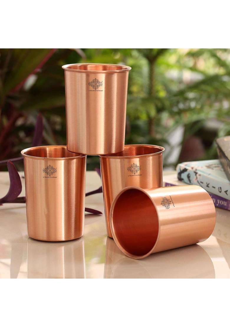 INDIAN ART VILLA Pure Copper Plain Glass with Matt Finish Design | 300 ml | 10.1 fl oz | Pack of 4 - Indya