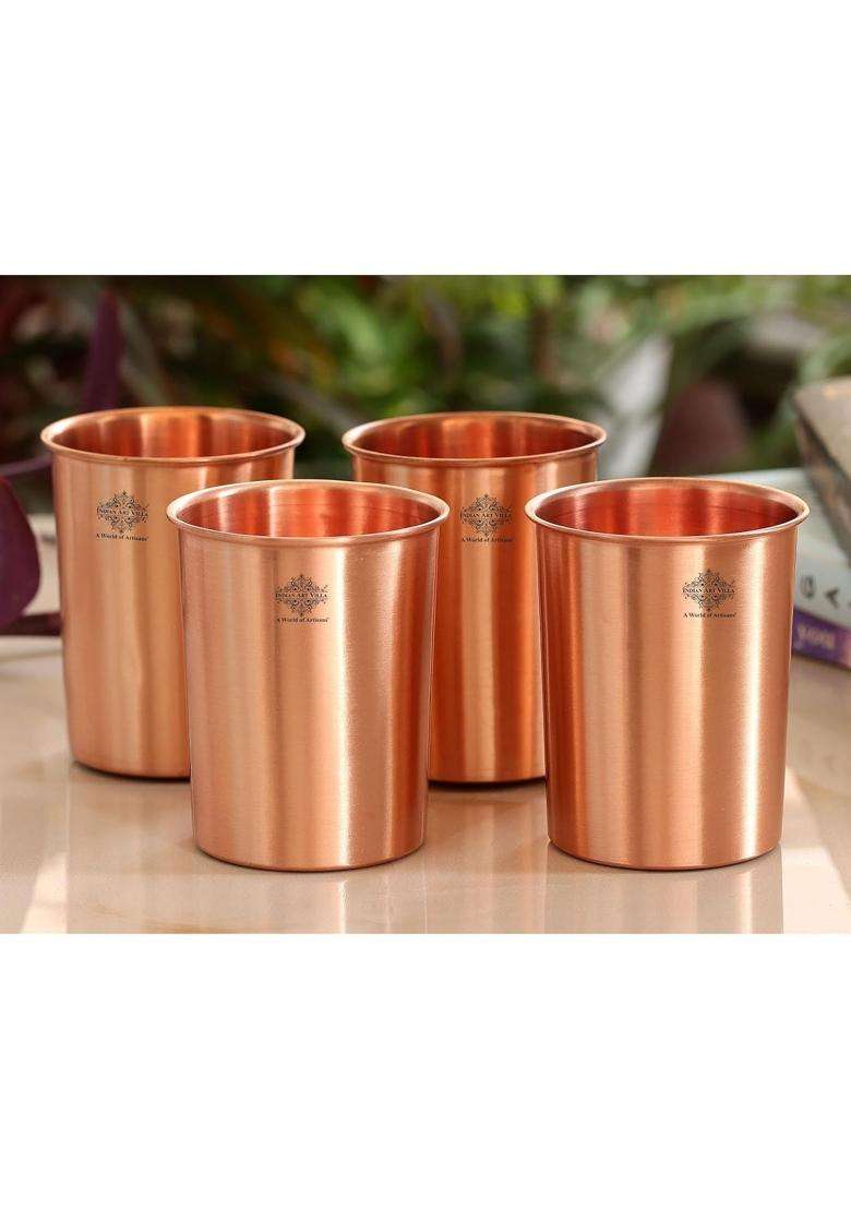 INDIAN ART VILLA Pure Copper Plain Glass with Matt Finish Design | 300 ml | 10.1 fl oz | Pack of 4 - Indya