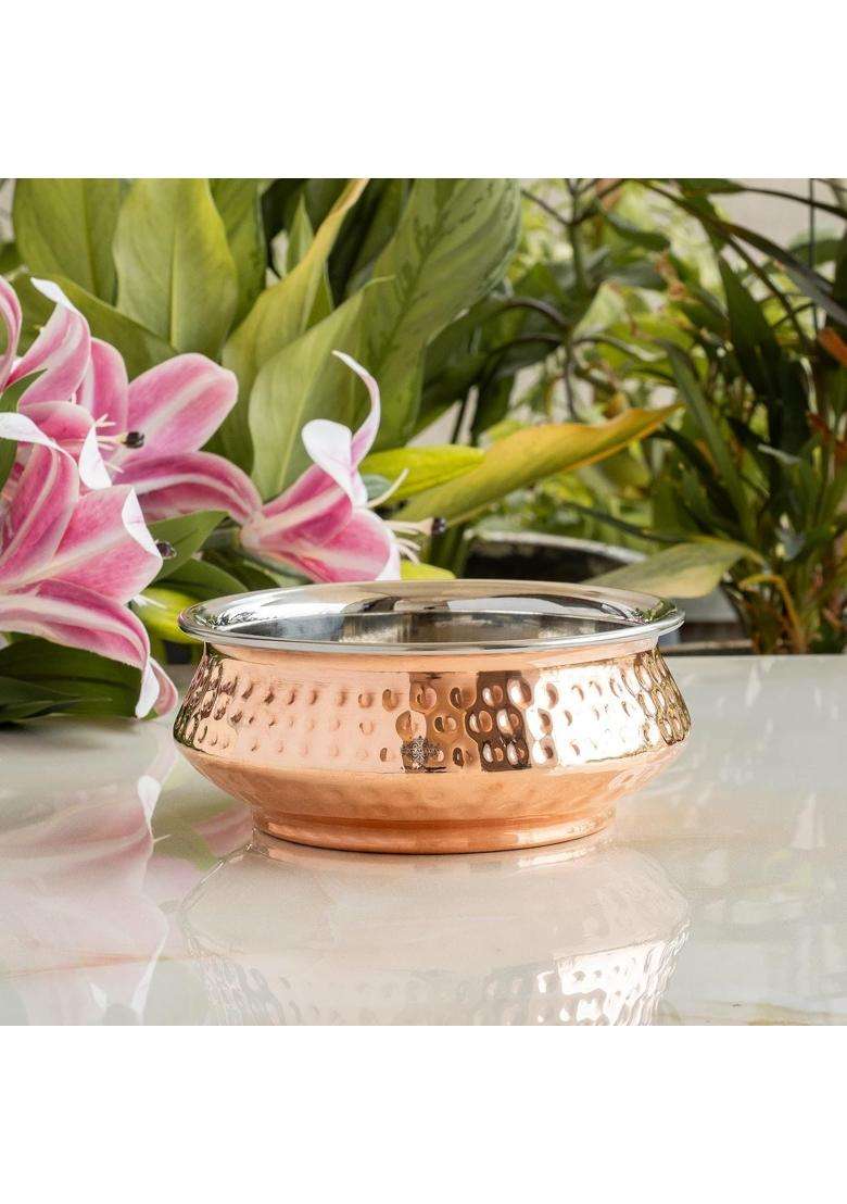 INDIAN ART VILLA Steel Copper Mughlai Handi Cooking Pot | 330 ml | 11.2 fl oz | Hammered Finish - Indya