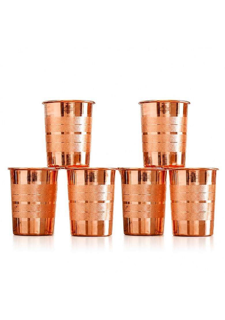 SHAAN mfg. Pure Copper Plain Glass with Luxury Design | 300 ml | 10.1 fl oz | 6-Piece Set - Indya