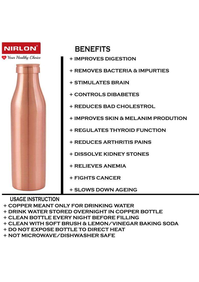 NIRLON Plain Pure Copper Bottle | 1000 ml | 33.8 fl oz | 3-Piece Set - Indya