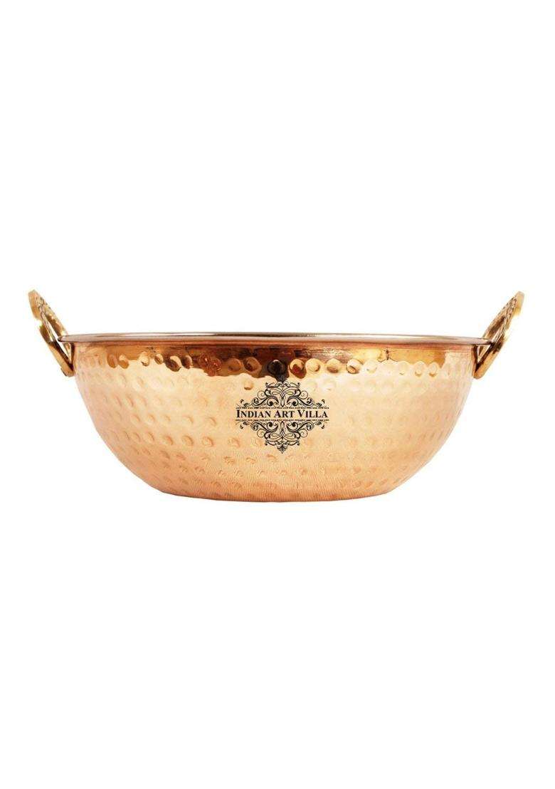 INDIAN ART VILLA Hammered Antique Dark Finish Design Steel Copper Kadhai Wok | 1000 ml | 33.8 fl oz - Indya