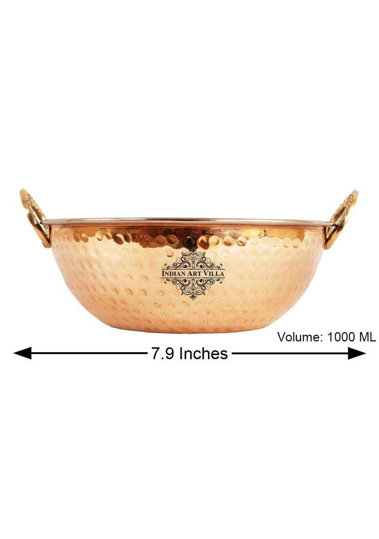 INDIAN ART VILLA Hammered Antique Dark Finish Design Steel Copper Kadhai Wok | 1000 ml | 33.8 fl oz - Indya