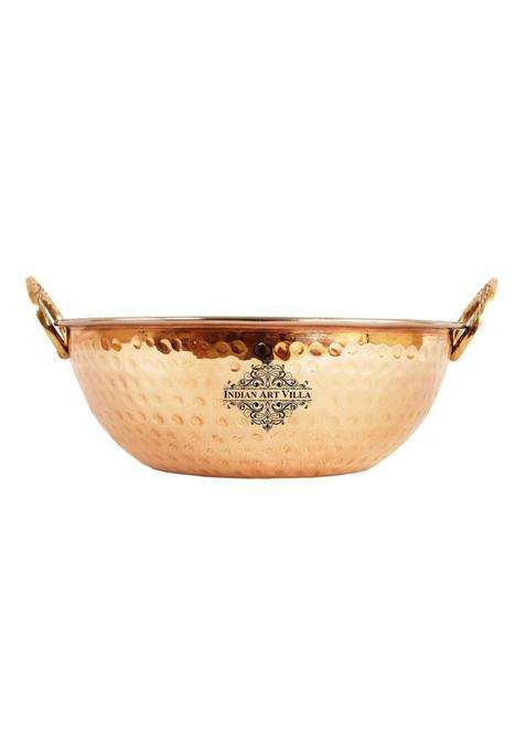 INDIAN ART VILLA Hammered Antique Dark Finish Design Steel Copper Kadhai Wok | 1000 ml | 33.8 fl oz