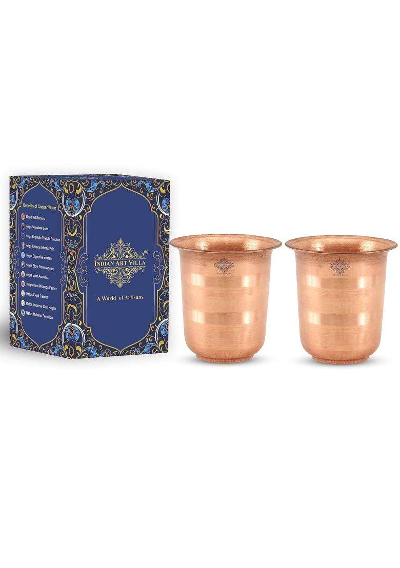 INDIAN ART VILLA Copper Pooja Glass Pure Copper Tumbler Cup for Drinking and Serving Water | 100 ml | 3.4 fl oz | Pack of 2 - Indya