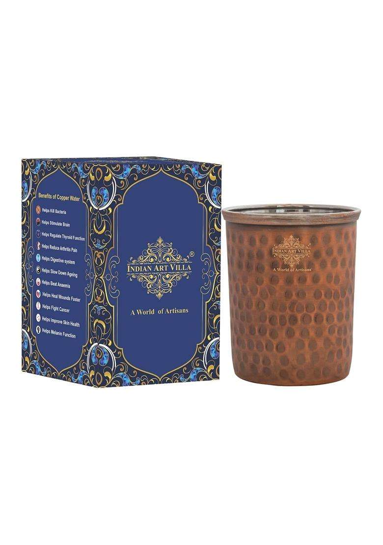INDIAN ART VILLA Steel Copper Flat Hammered Antique Dark Tone Design Glass | 300 ml | 10.1 fl oz - Indya