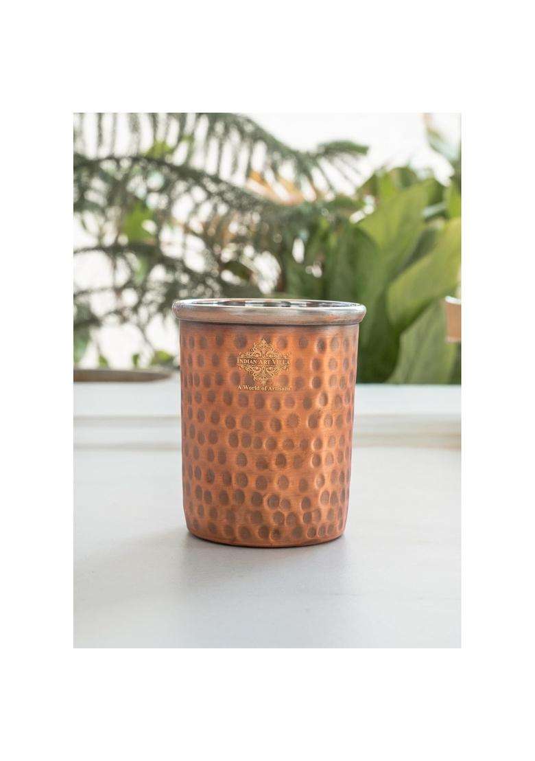 INDIAN ART VILLA Steel Copper Flat Hammered Antique Dark Tone Design Glass | 300 ml | 10.1 fl oz - Indya