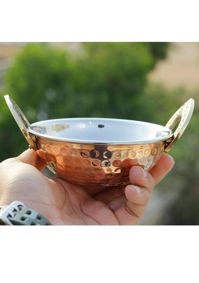 INDIAN ART VILLA Steel Copper Serving Kadhai | 350 ml | 11.8 fl oz | Hammered Finish - Indya