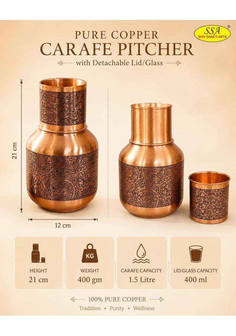 SHIV SHAKTI ARTS Copper Bedroom Jar Carafe with Lid | 1500 ml | 50.7 fl oz - Indya
