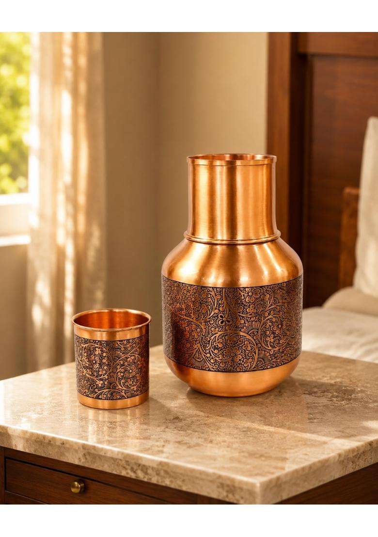 SHIV SHAKTI ARTS Copper Bedroom Jar Carafe with Lid | 1500 ml | 50.7 fl oz - Indya