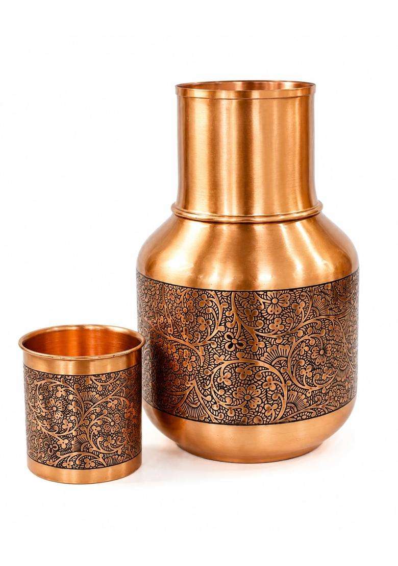 SHIV SHAKTI ARTS Copper Bedroom Jar Carafe with Lid | 1500 ml | 50.7 fl oz - Indya