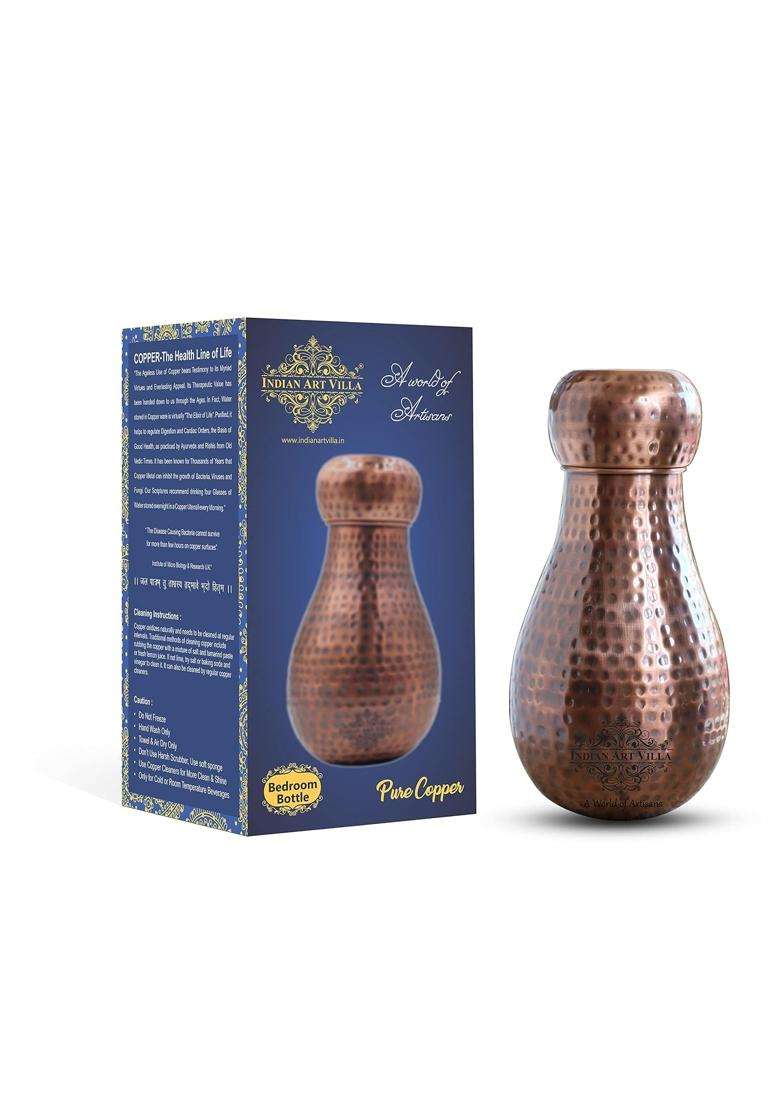 INDIAN ART VILLA Pure Copper Bedroom Water Bottle with Inbuilt Glass | 1600 ml | 54.1 fl oz | Hammered Finish - Indya