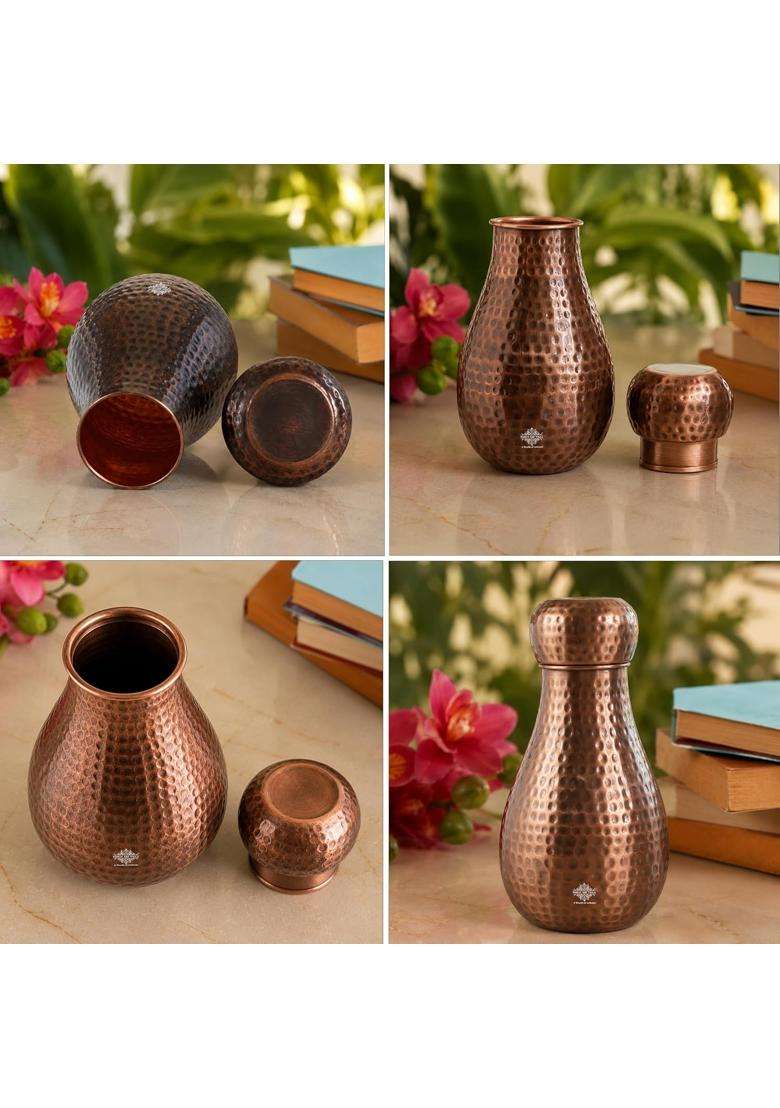 INDIAN ART VILLA Pure Copper Bedroom Water Bottle with Inbuilt Glass | 1600 ml | 54.1 fl oz | Hammered Finish - Indya