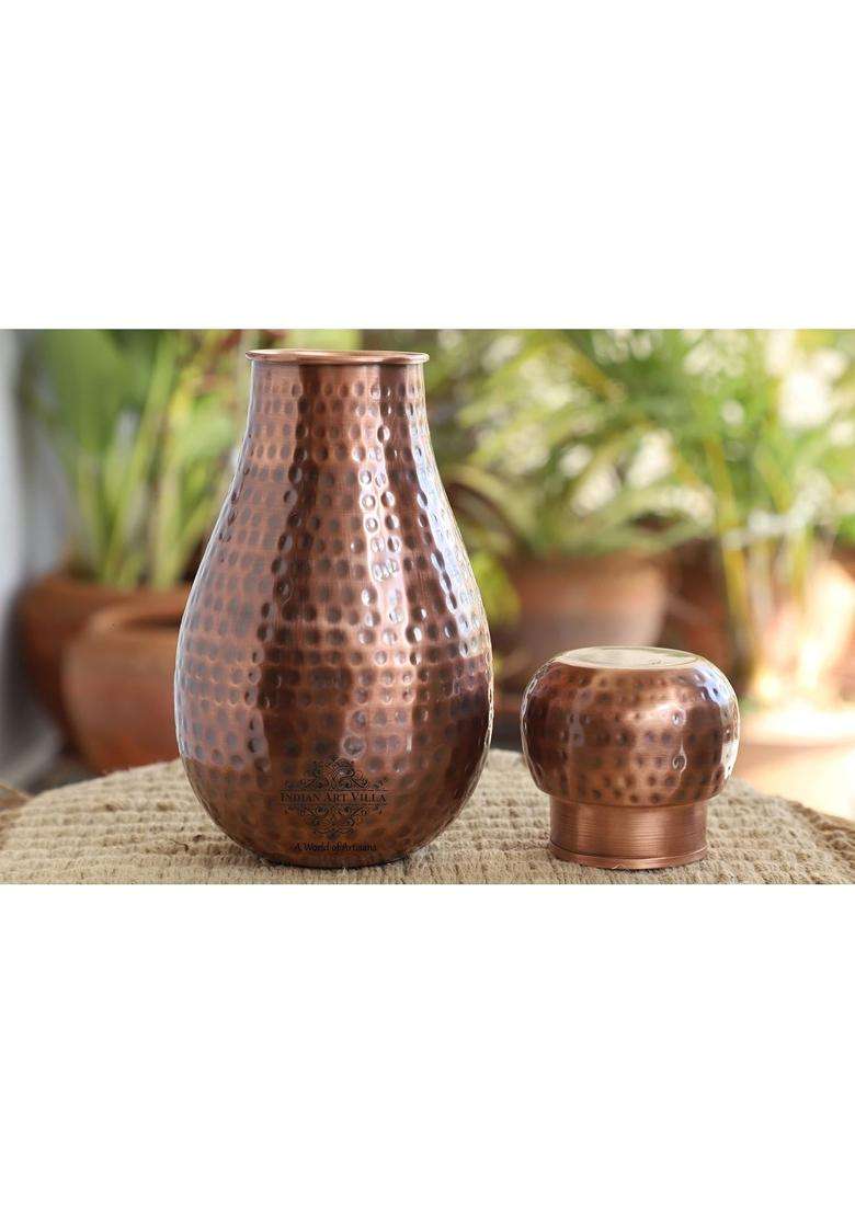 INDIAN ART VILLA Pure Copper Bedroom Water Bottle with Inbuilt Glass | 1600 ml | 54.1 fl oz | Hammered Finish - Indya