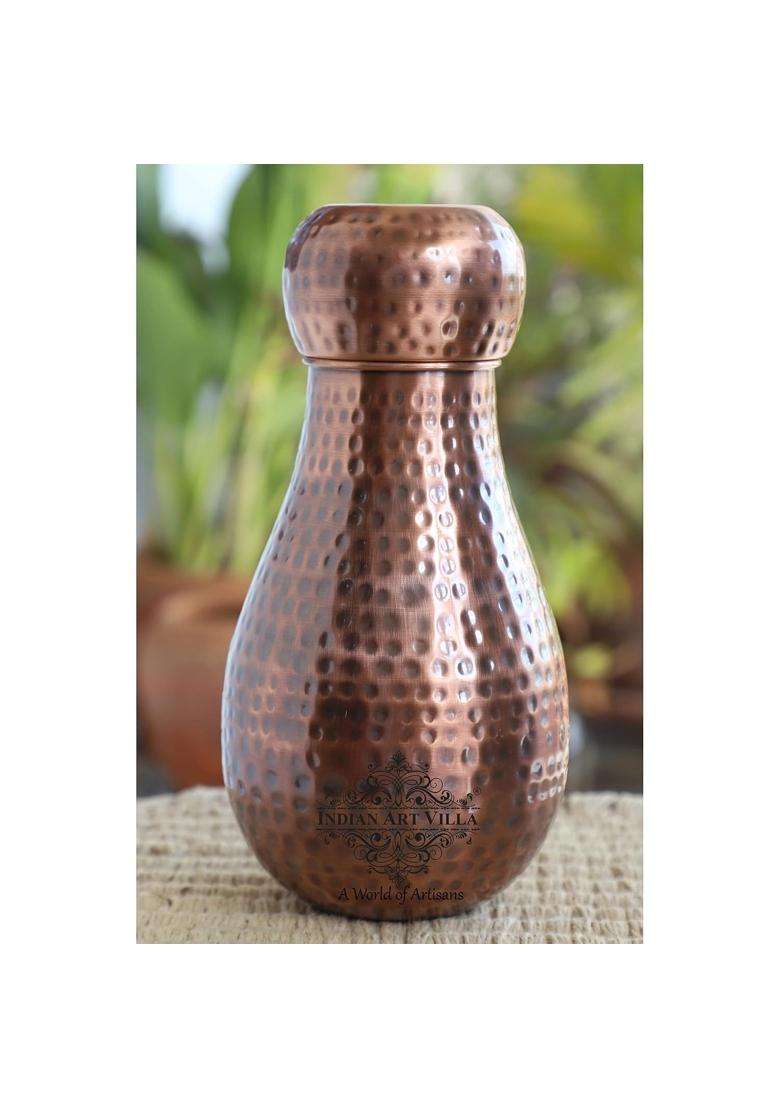 INDIAN ART VILLA Pure Copper Bedroom Water Bottle with Inbuilt Glass | 1600 ml | 54.1 fl oz | Hammered Finish - Indya