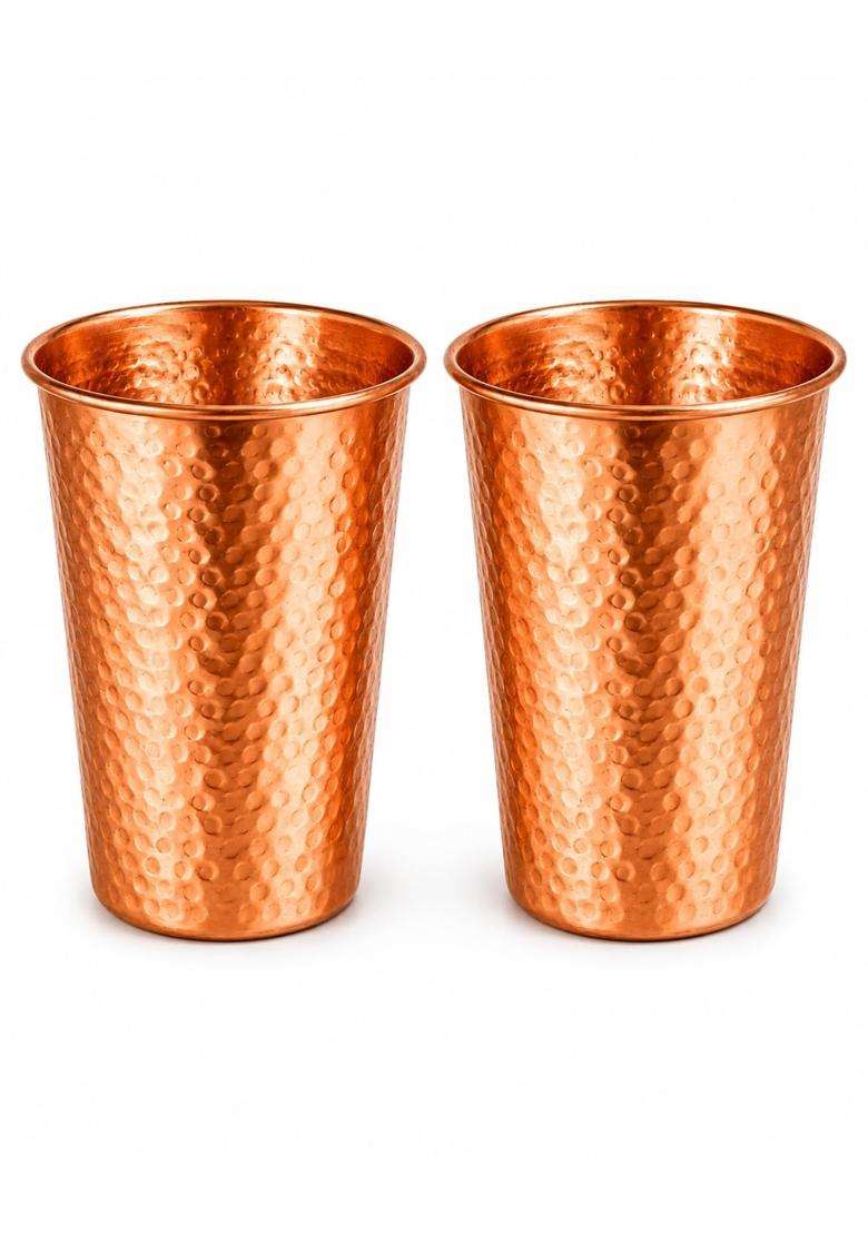 i2collections Pure Copper Water Glass Hammered Copper Tumbler for Ayurvedic Drinking Water | 300 ml | 10.1 fl oz | 2-Piece Set | Handcrafted - Indya