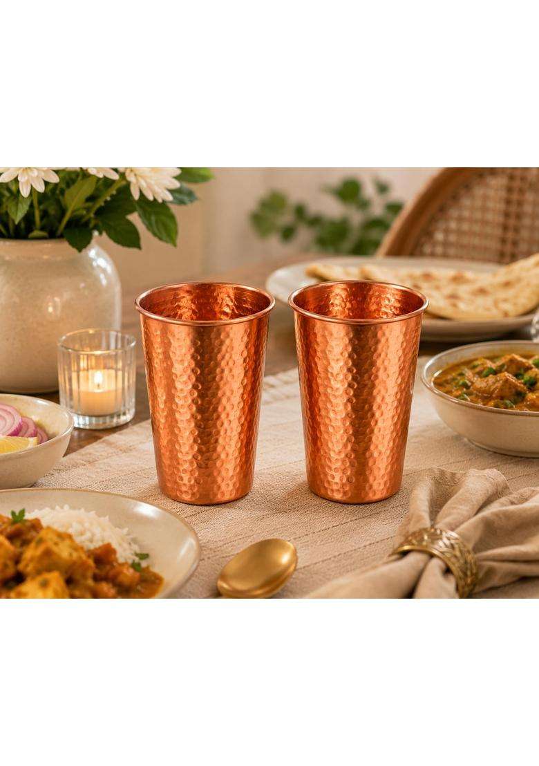 i2collections Pure Copper Water Glass Hammered Copper Tumbler for Ayurvedic Drinking Water | 300 ml | 10.1 fl oz | 2-Piece Set | Handcrafted - Indya