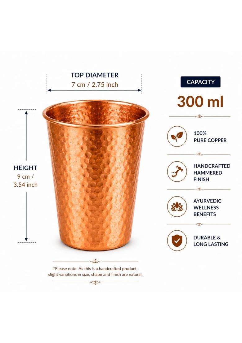 i2collections Pure Copper Water Glass Hammered Copper Tumbler for Ayurvedic Drinking Water | 300 ml | 10.1 fl oz | 2-Piece Set | Handcrafted - Indya