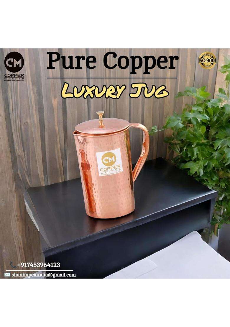 Copper-Master Pure Copper Hammered Design Jug for Serving and Storing Water | 1600 ml | 54.1 fl oz - Indya