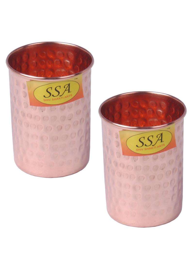 SHIV SHAKTI ARTS Traditional Pure Copper Hammered Water Glass Tumbler Vintage Designer | 2-Piece Set | Handcrafted - Indya