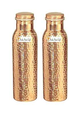 Prisha India Craft Pure Copper Water Bottle | 1000 ml | 33.8 fl oz | 2-Piece Set | Hammered Finish