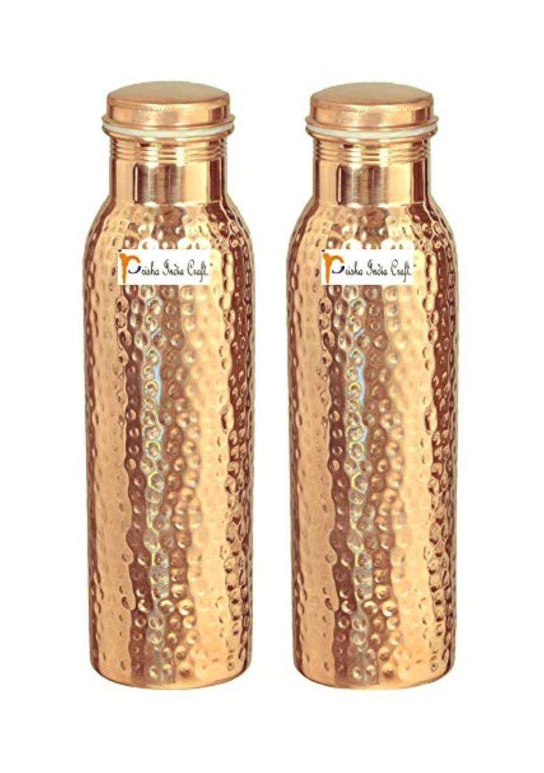 Prisha India Craft Pure Copper Water Bottle | 1000 ml | 33.8 fl oz | 2-Piece Set | Hammered Finish - Indya