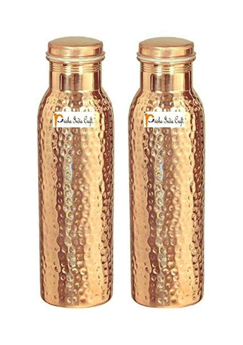 Prisha India Craft Pure Copper Water Bottle | 1000 ml | 33.8 fl oz | 2-Piece Set | Hammered Finish - Indya