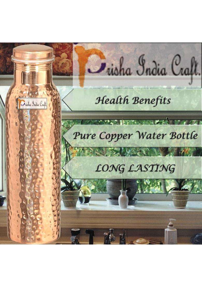 Prisha India Craft Pure Copper Water Bottle | 1000 ml | 33.8 fl oz | 2-Piece Set | Hammered Finish - Indya