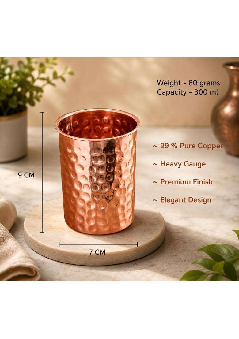 SHAAN mfg. Pure Copper Hammered Design Tumbler with Ayurvedic Health Benefits | 300 ml | 10.1 fl oz | Pack of 4 - Indya