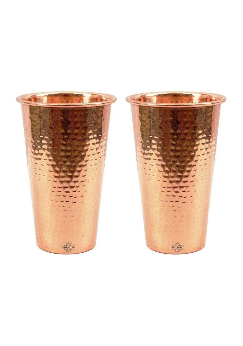 INDIAN ART VILLA Hammered Big Copper Glass Tumbler | 550 ml | 18.6 fl oz | 2-Piece Set - Indya