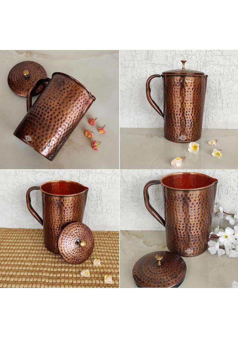 INDIAN ART VILLA Copper Jug Pitcher with Hammered Design | 1500 ml | 50.7 fl oz - Indya